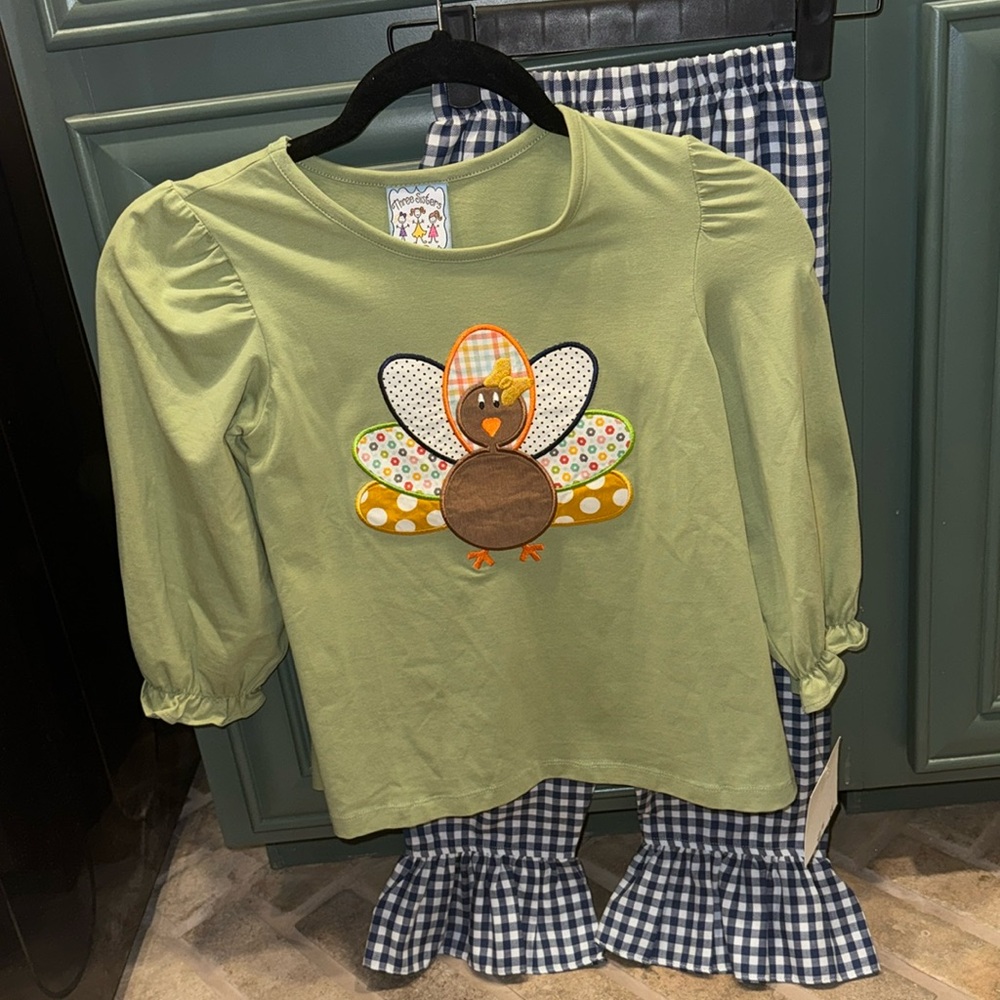 Green Turkey Applique Top and Gingham Pants Set